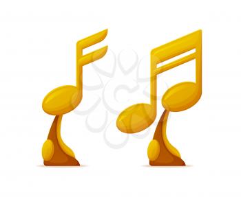 Note shaped music awards, gold trophy cups vector. Musical art achievement, singers and composers talent reward for best song, melody or composition