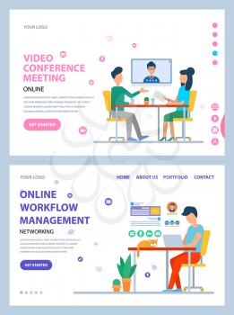 Video conference vector, online workflow management, male working on laptop in office, people on meeting with boss looking at screen set. Website or webpage template, landing page flat style