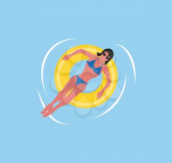 Woman in blue bikini swimsuit swimming on yellow inflatable donut in water. Vector summer rest, girl in bra and trunks relaxing on rubber safety toy