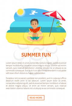 Summer fun, boy eating watermelon on beach, teenager with full cheeks. Tropical fruit, sitting teenager in blue shorts, parasol and islands vector. Website or webpage template, landing page