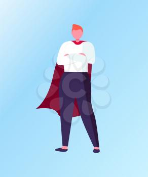 Business hero manager in superhero suit, full length and portrait view of man character, standing male in suit flat design style, winner human vector