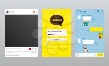 Online messenger and photo app, Korean kakao talk vector. Blank post, like and comment, chat or dialog and log in start page, modern communication