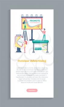 Promotion of your product vector, people placing advertisement on billboard. Advertising agency, outdoors adverts. Website with text sample marketing
