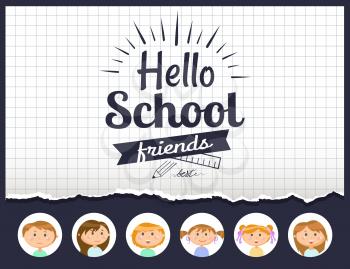 Notebook sheet and pupils, hello school lettering vector. Pencil and ruler, checkered field, boys and girls, autumn season and education time, classmates