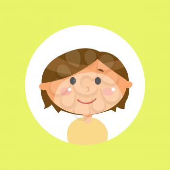 Schoolboy with long brown hair, child or kid avatar vector. Boy child with round head and plump cheeks, cartoon male character, friendly face expression