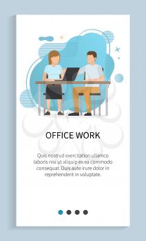 Office work vector, people busy with working tasks and analysis of stats given on laptop, brainstorming man woman sitting in office, application. Website slider app template, landing page flat style