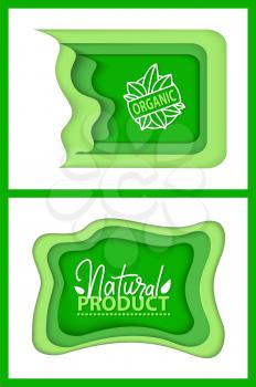 Organic food and supplies vector, isolated set of green logotypes, foliage vegetal elements, apple and plants with leaves natural meal and ingredients