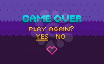 Game over and question of play again, yes or no choosing link, finish level page in purple color, pixelated graphic of final video-game, interface vector, 8 bit pixel text