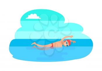 Butterfly sport stroke man isolated vector. Sportsman swimming in sea water, training guy with goggles. Workout and active lifestyle of professional