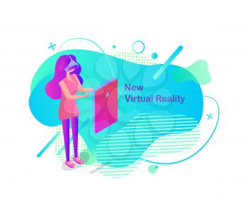 Augmented reality vector, person wearing special vr glasses to see new virtual shapes, gadget with abilities and opportunities for users, banner flat style