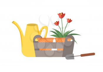 Instruments and flower in pot vector, plastic watering can and wooden container for flora, isolated tool small shovel and foliage of floral decor