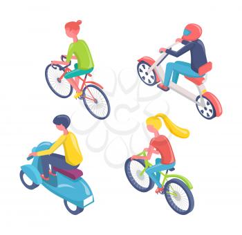 People riding bikes vector, teenagers and adults using eco transport isolated set of bikers wearing helmets for protection. Hobby of man and woman