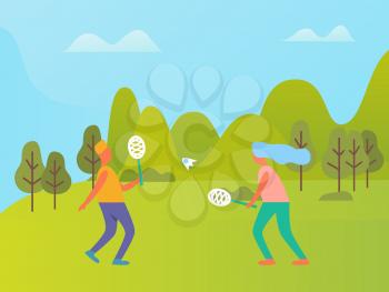 Man and woman playing badminton outdoor, competition between people in sportwear, full length view. Mountain landscape and trees, green nature vector