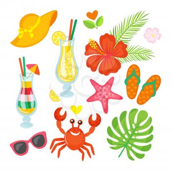 Cocktails and plants, summer symbols, crab and starfish vector. Straw hat and hibiscus, flip flops and sunglasses, beach and relax, tropical greenery, summertime objects