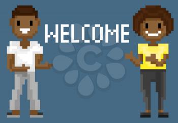 Welcome to pixel game, man and woman shooting, people characters with dark skin, full length view of superhero, start page, pixelated interface vector