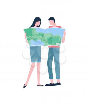 Travelers or hikers, couple with map, vacation or holidays vector. Man and woman exploring land or territory, geography and cartography, journey or trip