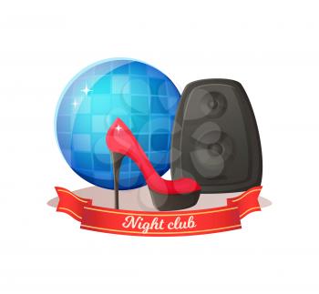Disco ball and speaker equipment, high heel shoe, night club modern objects with ribbon. Discotheque icons, party elements, audio and fashion signs vector