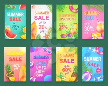 Best offer reduction posters set vector. Discount and promotion, diminution from shop, pineapple fruit with sunglasses, ball and inflatable lifebuoy