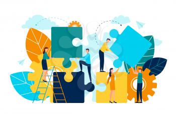 People with puzzle pieces vector, man and woman standing on ladder, foliage and flora. Cogwheel symbol of process and improvement project development