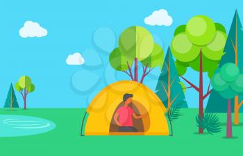 Camping on nature vector, person in tent by lake and trees. Man spending time in natural environment, pond water, bushes and pine plants, holiday