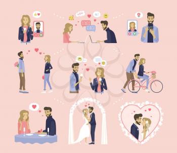 Couple relationship, dating and wedding vector. Online messaging, bouquet and ice cream, bicycle riding and proposal in restaurant, marriage ceremony