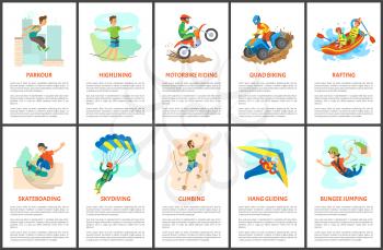 Parkour and wall climbing activity vector, extreme sports, hang gliding and highlining, rafting in boat and skateboarding of person, quad biking set