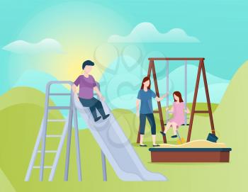 Mother with kids vector, woman with children spending time together. Woman with daughter and son, small girl on swings and boy riding. Spring vacations