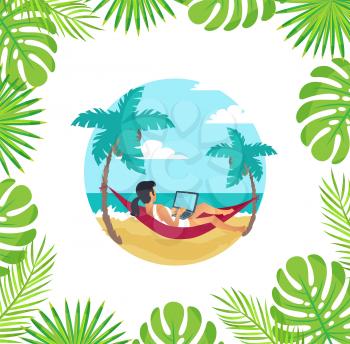 Freelancer laying in hammock vector. Woman holding laptop working by seaside, palm trees with leaves, foliage of monstera. Online wireless connection