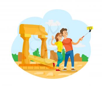 Ancient ruins, tourists in Rome or Greece taking selfie vector. Travelers couple and broken pillars, world exploration, journey or trip, man and woman