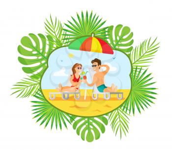 Summer vacation vector, people with cocktails relaxing on beach. Summertime resort, man and woman by coast laying on chaise longue, umbrella shade