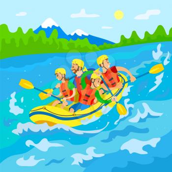 Wild nature, travelers in boat, river rafting vector. Mountain and forest, men and women in helmets and life vests with oars, extreme traveling or sport