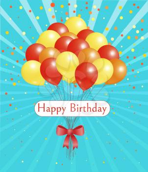 Happy birthday vector, card with balloons of red and yellow color tied with bow ribbon. Congratulations with special day of birth, confetti decoration