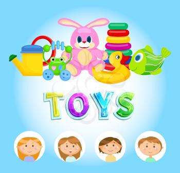 Toys collection and children face in round stickers, bright playthings, fish and duck, rabbit with long ears, frog and watering, pyramid constructor vector