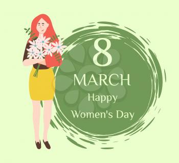 Best wishes on Womens day, 8 march holiday. artoon female in flat style, blooming daisies and round painted brush pot, vector girl with flower bouquet