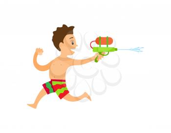 Teenager running with squirt gun, boy wearing colorful shorts, child playing water game, summer activity, smiling young person full length view vector
