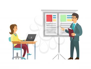 Business meeting of employee and employer vector. Whiteboard with data and text, explanation of plan on board. Woman sitting by laptop listening to man
