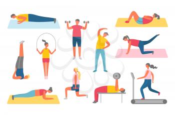 Girl and boy in sportwear pumping muscles with dumbbell, doing fitness with sport items, stretching on mat. Human lose weight, healthy activity vector