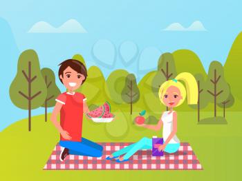 Man and woman sitting on mat with fruit watermelon and apple, juice in box. Smiling people in sportwear relaxing near green trees, healthy food vector