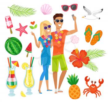 Couple man and woman vector, set of watermelon. Flip flops and seagull, cocktail and pineapple, flower and palm tree branch, ice cream and seashell
