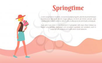 Female going with bouquet of flowers in springtime, walking woman holding flavor. Side view of person wearing skirt, t-shirt and hat, papercard vector