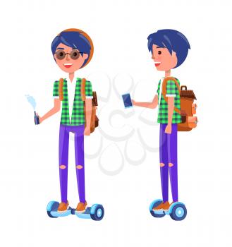 Students with gyroscooter and smoking vape in hands. Boy riding hoverboard and smiling, male wearing glasses and thorn trousers, teenagers vector