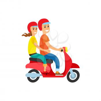Man and woman smiling riding scooter vector, couple in love traveling and exploring world. Summer adventures, transportation, driver wearing helmet