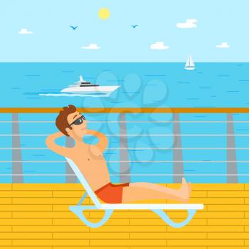 Seaside vacation vector, man sitting on deck-chair wearing sunglasses. Sunbathing tourists looking at sea, ship on water surface, sailboat and clear sky
