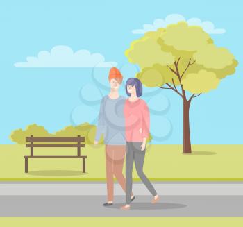 Man and woman walking in summer or spring park. Girlfriend and boyfriend in casual cloth sweaters and trousers spend time together, people in love dating