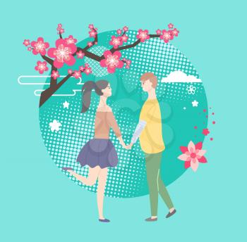 Smiling couple holding each other hands, postcard decorated by sakura tree in round and flowers, side view of smiling people, romantic day, love vector