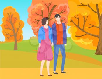 Man and woman walking in autumn park among yellow and orange trees. Vector couple in casual cloth spend time together outdoors. People in love and fall season