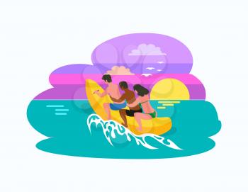 Man and woman sitting on inflatable banana boat, riding at sunset. Male and female on holidays summertime vacation, summer sea adventures of people vector