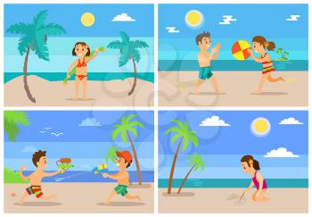 Children playing at beach vector, kids having water fight, girl holding towel, drawing on sand. Boy and girl playing ball volleyball, tropics vacation