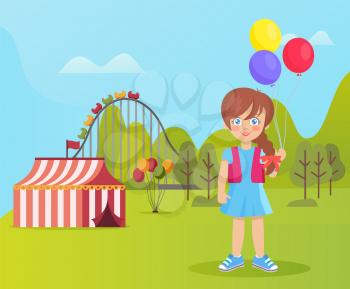 Girl holding balloons vector, kid in amusement park spending weekends. Schoolgirl with ferris wheel and carousels, tents of sellers. Trees and lawn