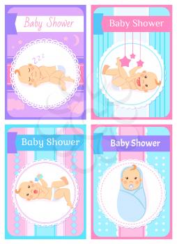 Baby shower vector, set of children newborn kids playing with stars toys flat style. Sleeping child, happy childhood of person, funny kiddo cards